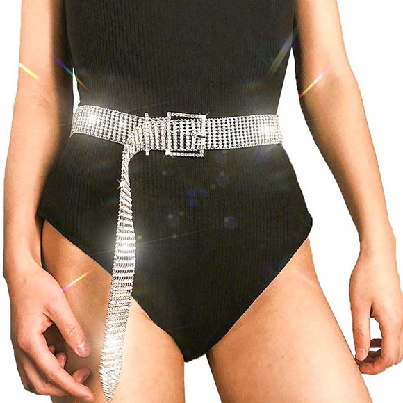 Women Crystal Chain Waist Belt Silver main image 4
